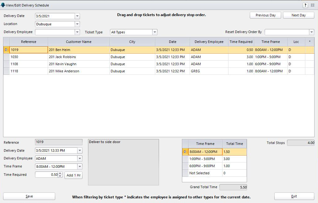 screenshot of delivery schedule